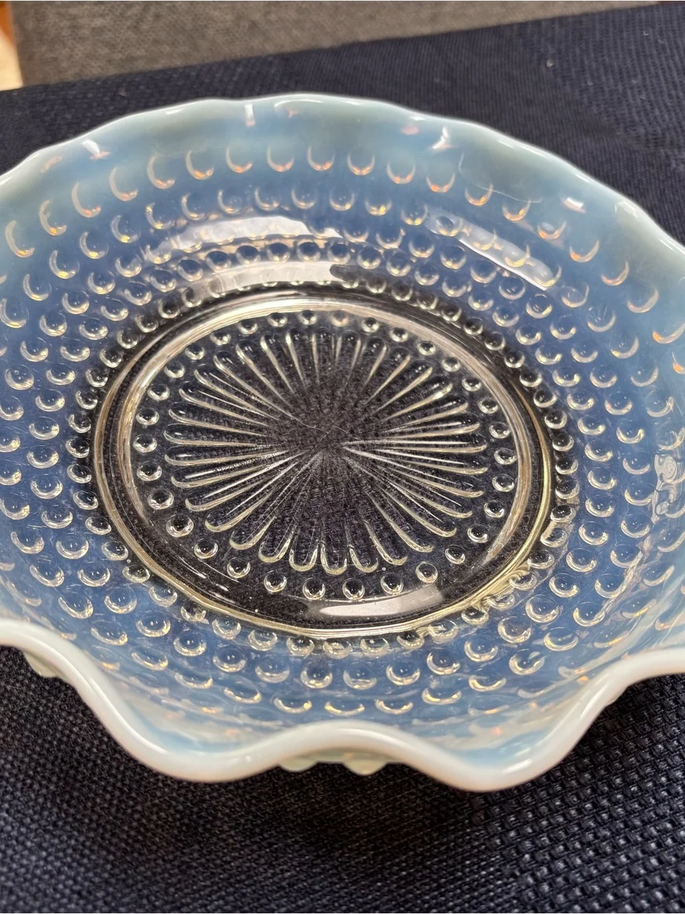 Fenton Opalescent Milk Glass Hobnail Dish - Pale Blue/White Decorative Bowl